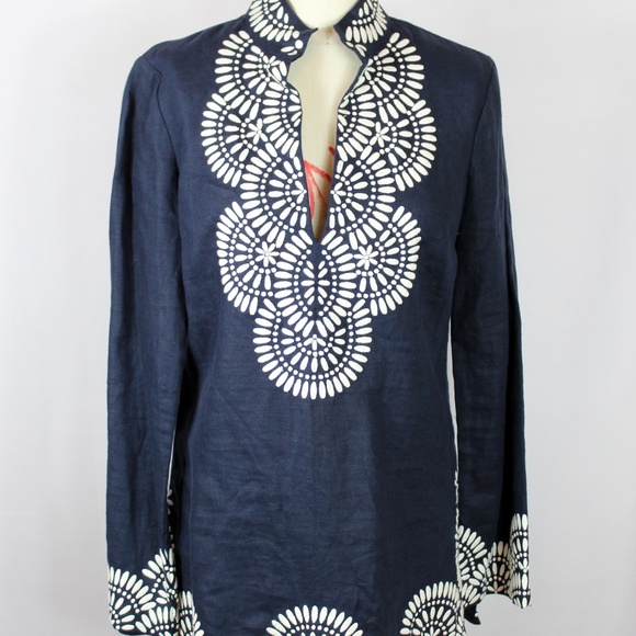 Tory Burch Tops - Tory Burch navy and white embroidered linen tunic